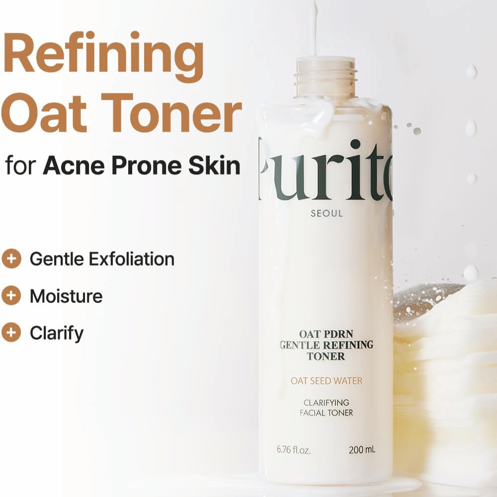 Purito Oat PDRN Gentle Refining Toner 200 ml – jemný exfoliačný toner, ktorý hydratuje, čistí a vyvažuje pokožku náchylnú na akné
