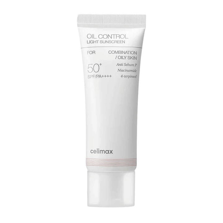 Celimax Oil Control Light Sunscreen SPF 50+ PA++++ produktový obrázok so zameraním na zloženie a ingrediencie ako niacínamid na kontrolu kožného mazu a zjednotenie tónu pleti