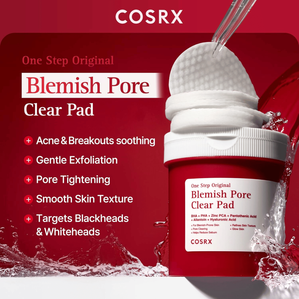 Produktová fotografia COSRX One Step Original Blemish Pore Clear Pad so zameraním na exfoliáciu, zjemnenie pórov a starostlivosť o pleť so sklonom k akné.