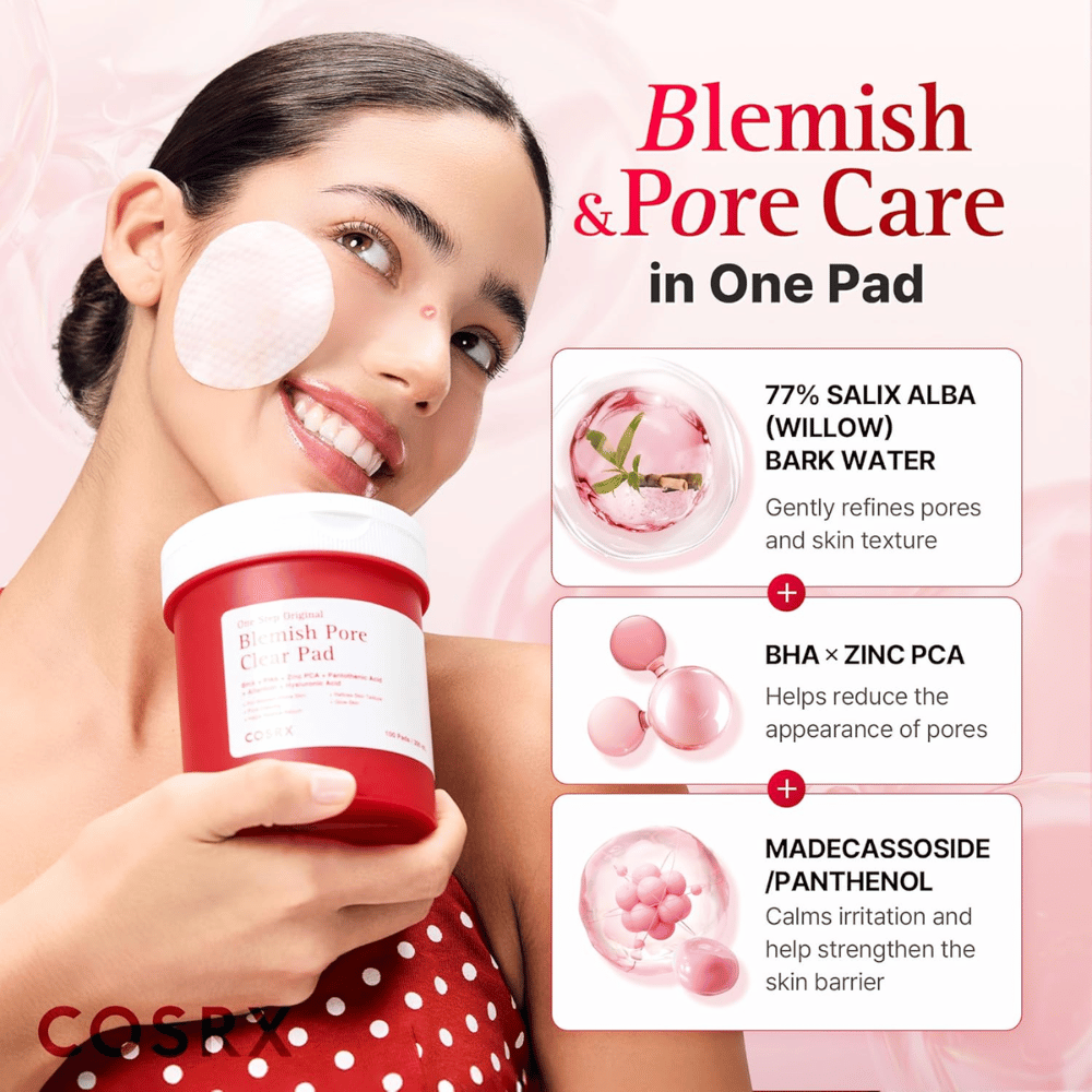 Produktová fotografia s modelkou a zameraním na zložky pre COSRX One Step Original Blemish Pore Clear Pad s willow bark water, BHA, Zinc PCA a Madecassoside.