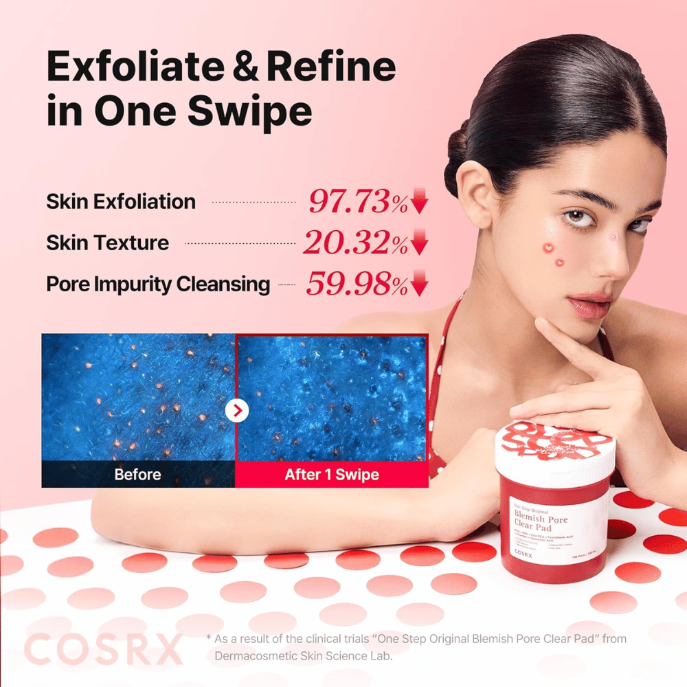 Kampaňová fotografia pre COSRX One Step Original Blemish Pore Clear Pad, ktorá ukazuje exfoliačný účinok a čistenie pórov už po jednom použití.
