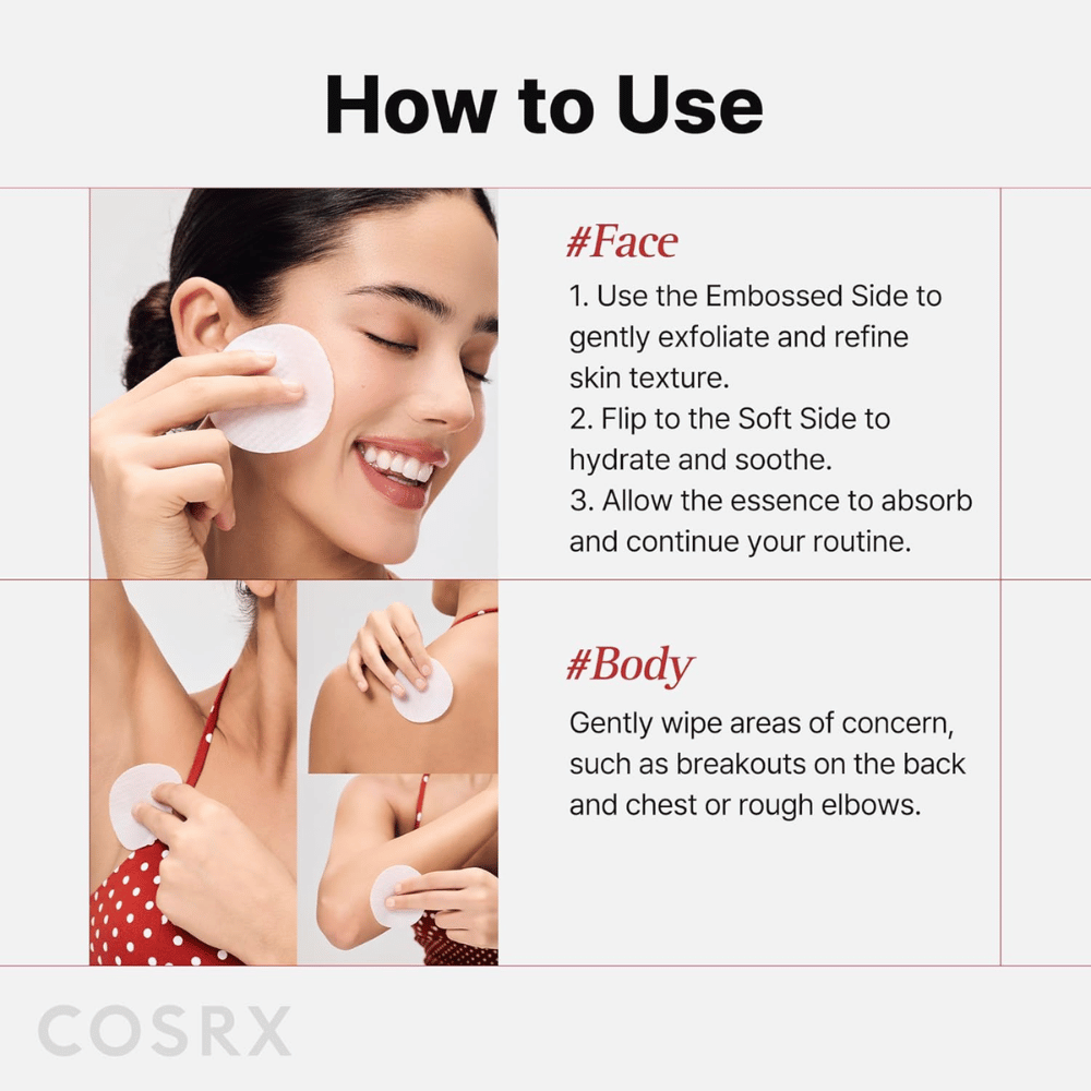Inštruktážny obrázok ukazujúci, ako sa COSRX One Step Original Blemish Pore Clear Pad používa na tvár a telo na exfoliáciu a starostlivosť.