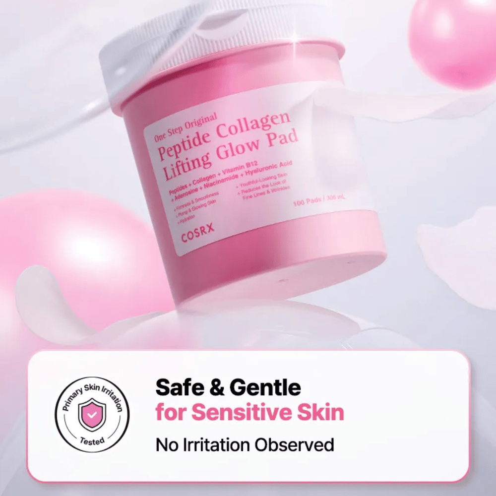 Produktový obrázok COSRX One Step Original Peptide Collagen Lifting Glow Pad s posolstvom o jemnom zložení pre citlivú pleť a testovanej nízkej dráždivosti.
