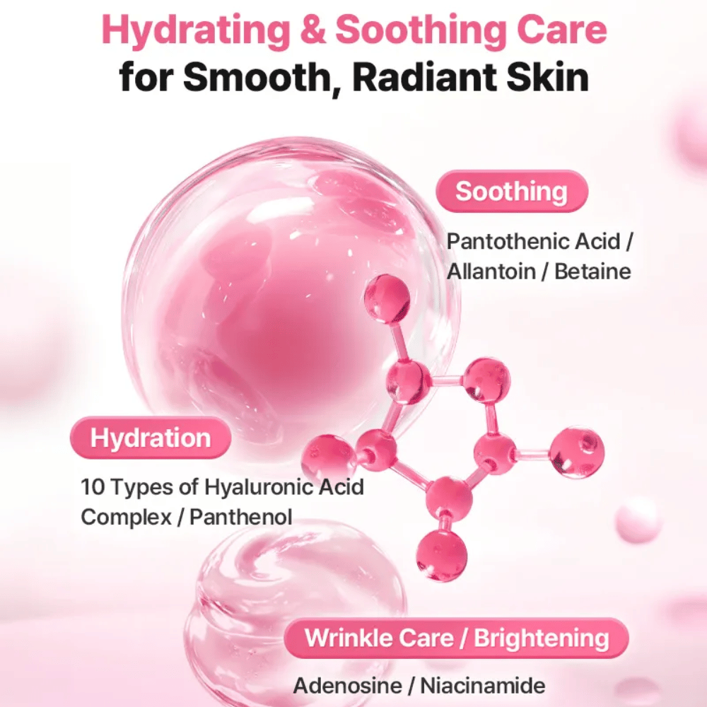 Ilustračný obrázok ingrediencií pre COSRX Peptide Collagen Lifting Glow Pad so zameraním na hydratáciu, upokojujúci účinok a rozjasňujúce zložky ako kyselina hyalurónová, niacínamid a panthenol.