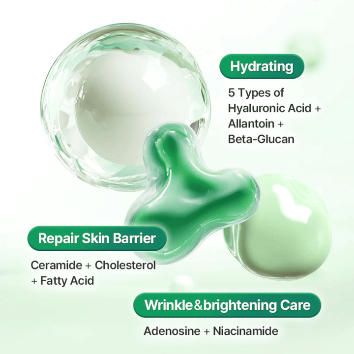 Ilustračný obrázok zobrazujúci zložky a prínosy pre pleť v COSRX One Step Original Clear Skin Calming Pad, vrátane kyseliny hyalurónovej, ceramidov a niacínamidu.