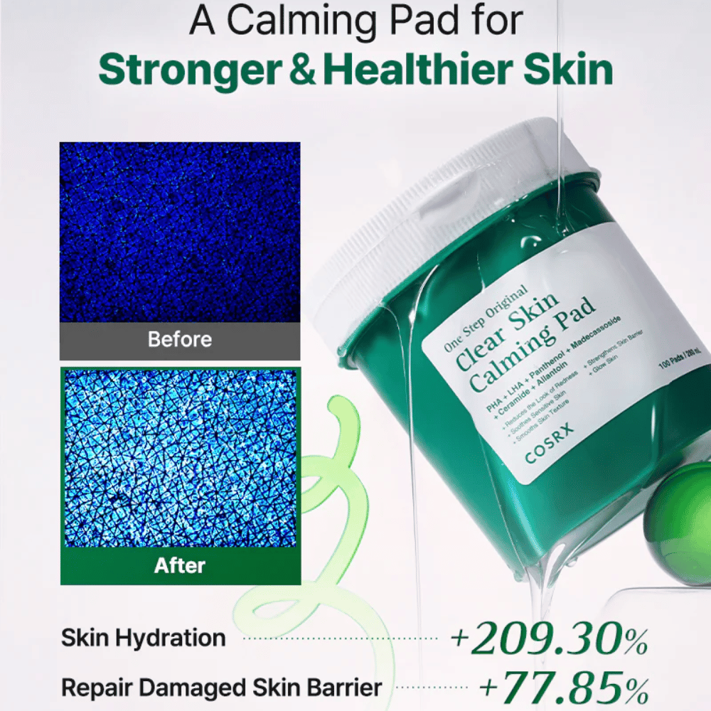 Promo obrázok pre COSRX One Step Original Clear Skin Calming Pad, ktorý zobrazuje zlepšenú hydratáciu a posilnenú kožnú bariéru po použití.
