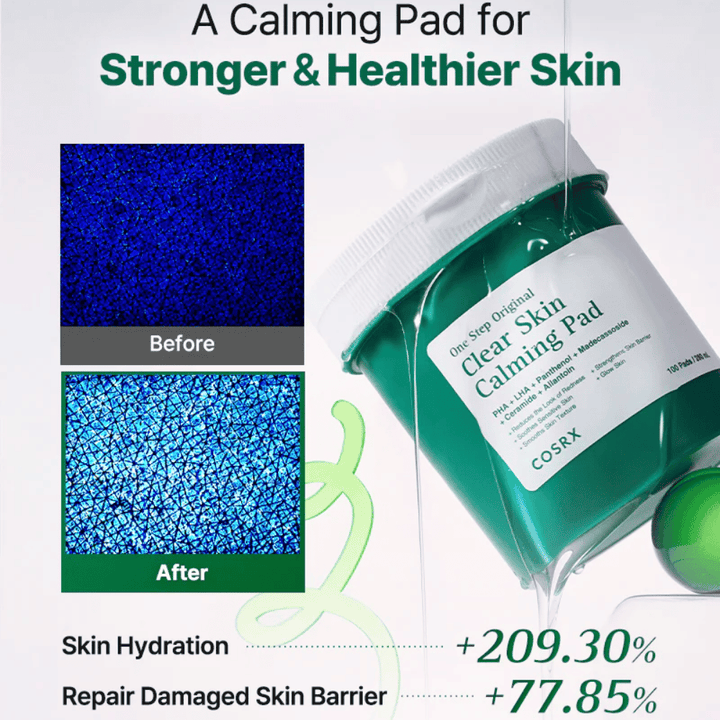 Promo obrázok pre COSRX One Step Original Clear Skin Calming Pad, ktorý zobrazuje zlepšenú hydratáciu a posilnenú kožnú bariéru po použití.