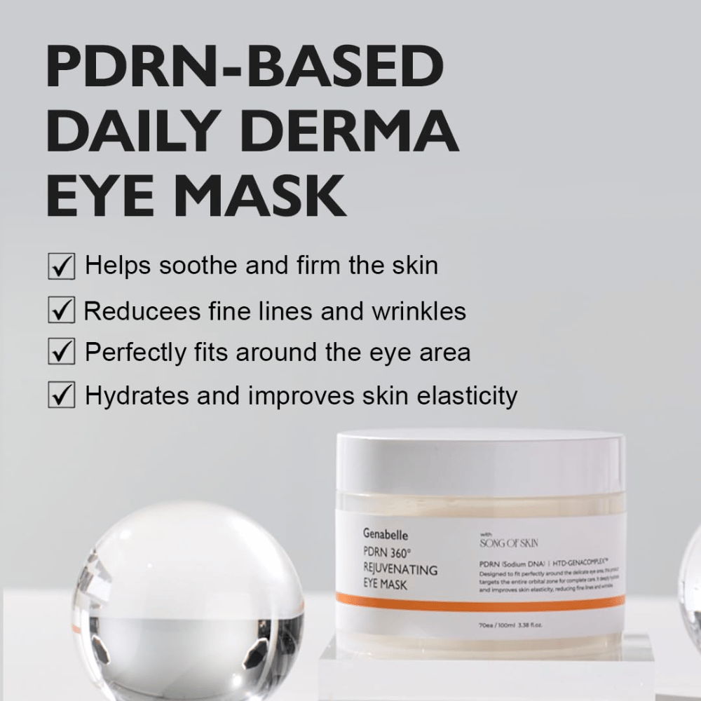 Genabelle PDRN 360° Rejuvenating Eye Mask s PDRN, ktorá hydratuje, upokojuje pokožku a pomáha znižovať jemné linky a vrásky.
