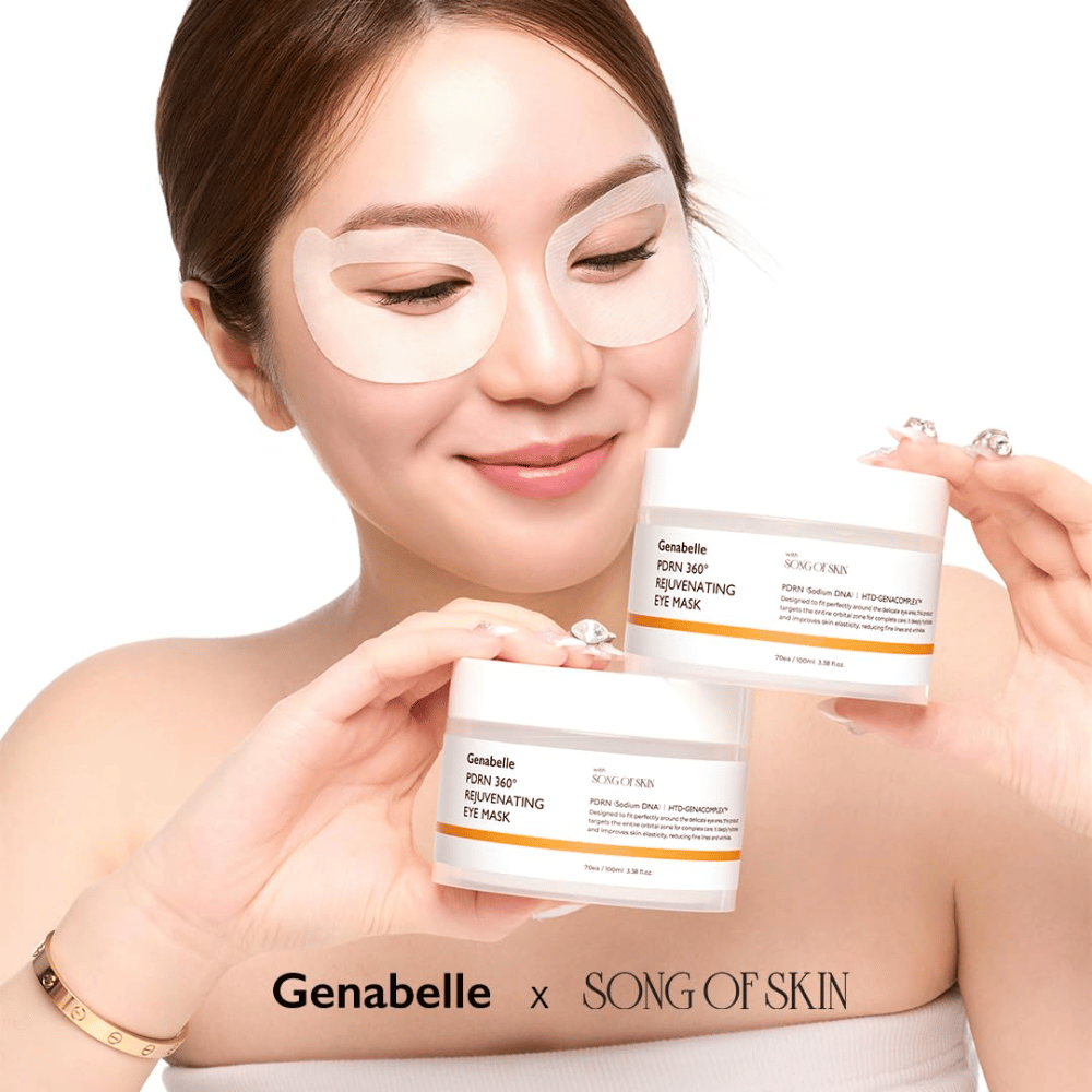 Genabelle PDRN 360° Rejuvenating Eye Mask aplikovaná okolo celého očného okolia na hydratáciu, zvýšenie elasticity a sviežejší pohľad.