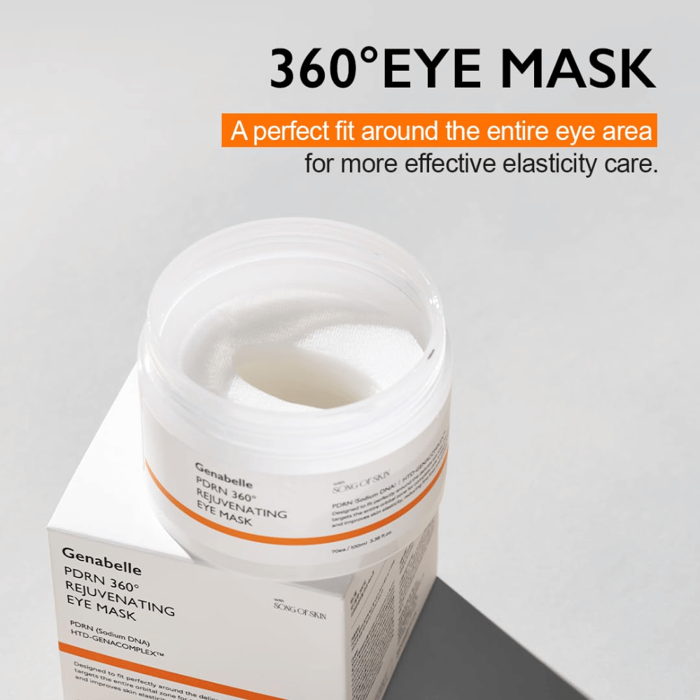 Genabelle PDRN 360° Rejuvenating Eye Mask s 360-stupňovým prispôsobením, ktoré pokrýva celé očné okolie pre účinnú starostlivosť a zlepšenú elasticitu.