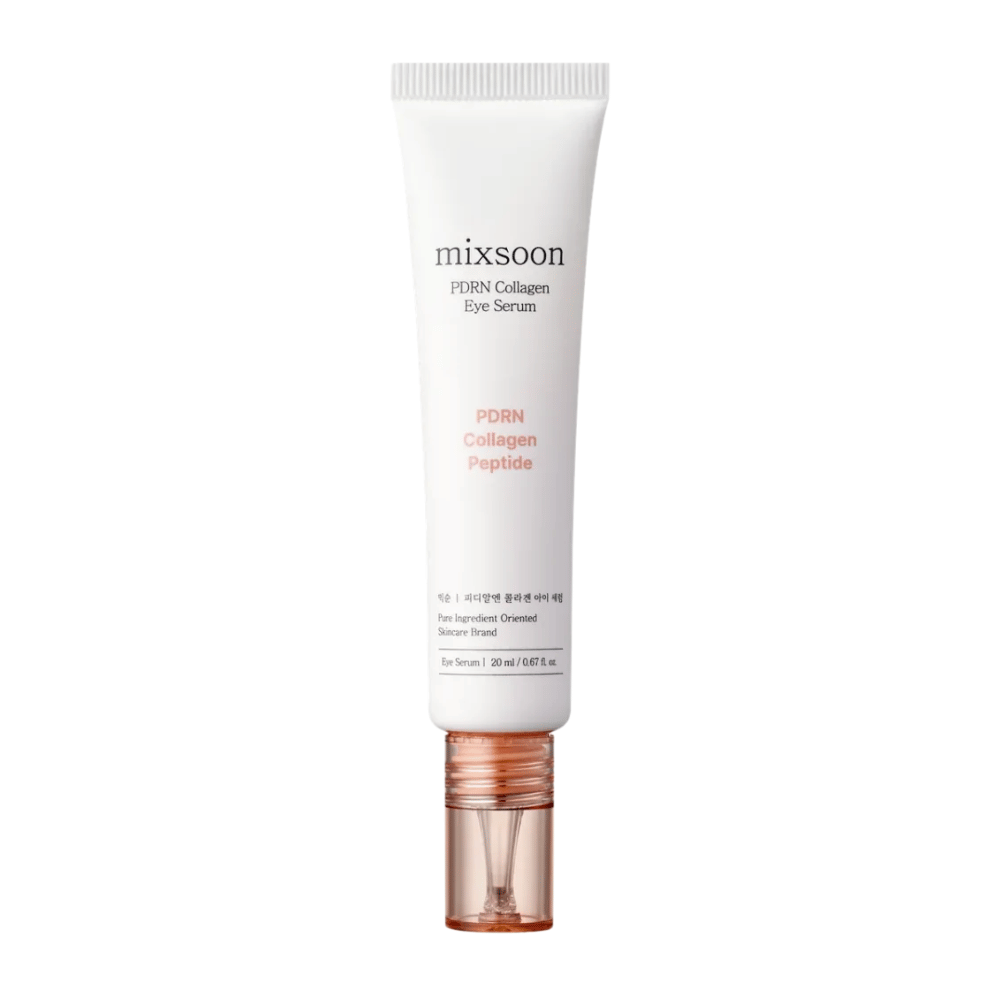 Mixsoon PDRN Collagen Eye Serum v bielej a broskyňovej tube s priehľadným aplikátorom. Hydratačné a spevňujúce očné sérum, 20 ml.