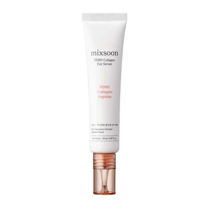 Mixsoon PDRN Collagen Eye Serum v bielej a broskyňovej tube s priehľadným aplikátorom. Hydratačné a spevňujúce očné sérum, 20 ml.