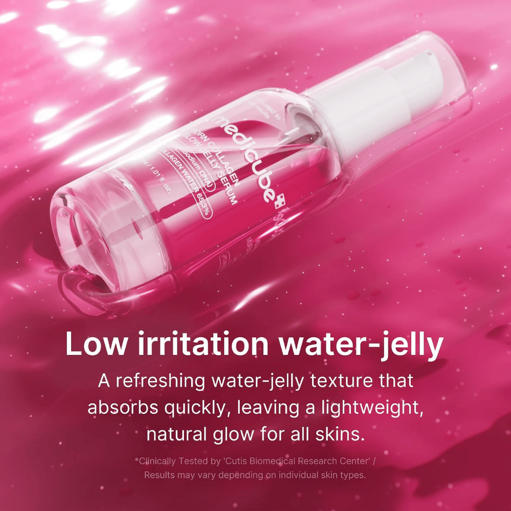 Medicube PDRN Collagen Glow Jelly Serum s ľahkou vodovo-gélovou textúrou, ktorá sa rýchlo vstrebáva a dodáva jas