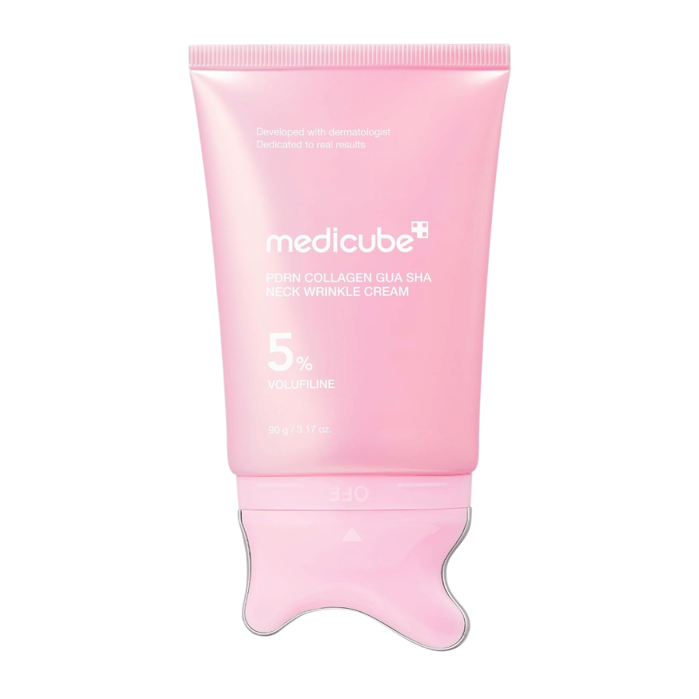 6. Medicube PDRN Collagen Gua Sha Neck Wrinkle Cream 90 g – rosa tub med inbyggd gua sha-applikator mot vit bakgrund