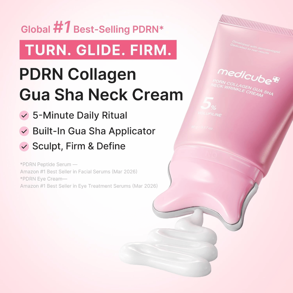 5. Medicube PDRN Collagen Gua Sha Neck Wrinkle Cream – ružový krém na krk s gua sha aplikátorom a krémovou konzistenciou