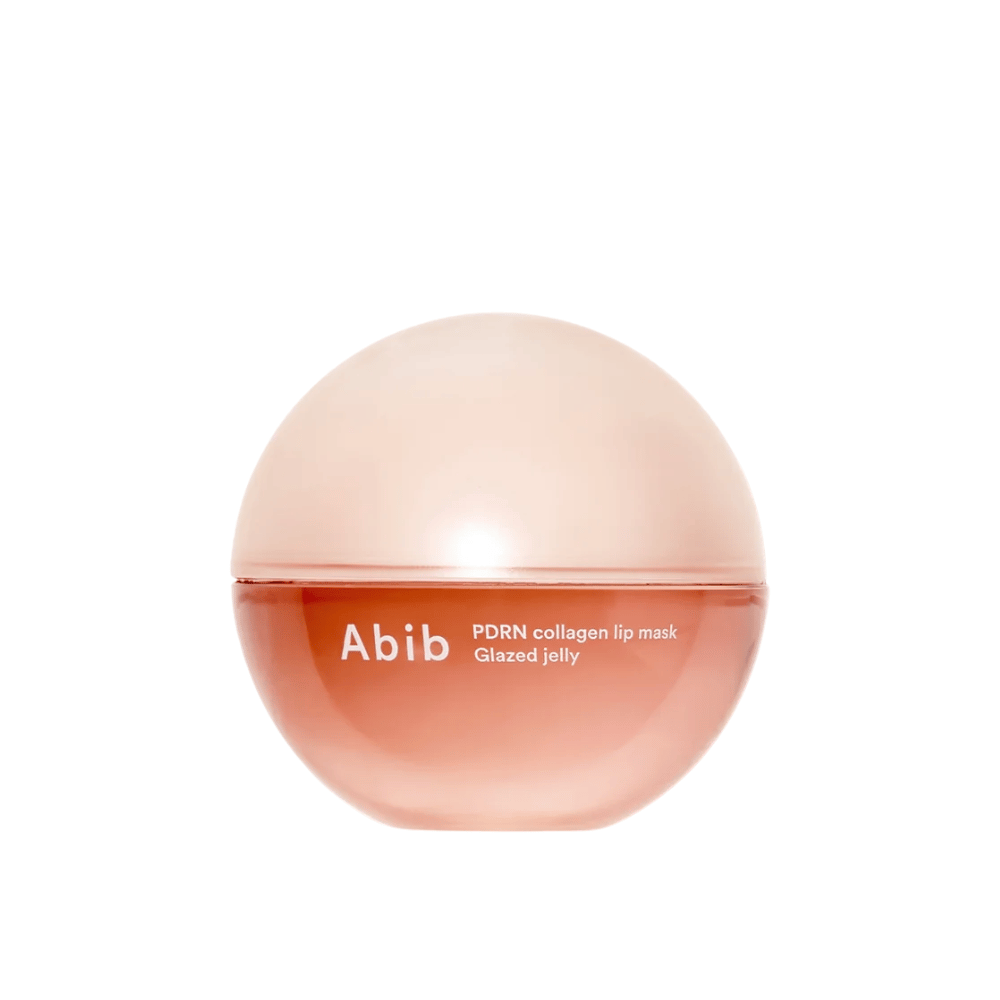 Ružová okrúhla nádoba s textom "Abib PDRN Collagen Lip Mask Glazed Jelly" na prednej strane, fotografovaná na bielom pozadí.
