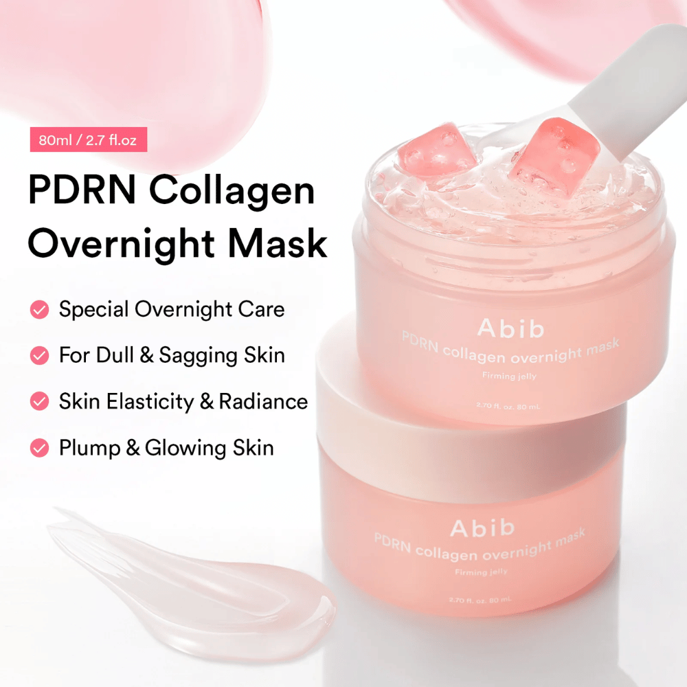 Produktový obrázok Abib PDRN Collagen Overnight Mask s ružovou gélovou textúrou a silikónovou špachtľou, ktorý zdôrazňuje hydratačné a rozjasňujúce vlastnosti nočnej masky.