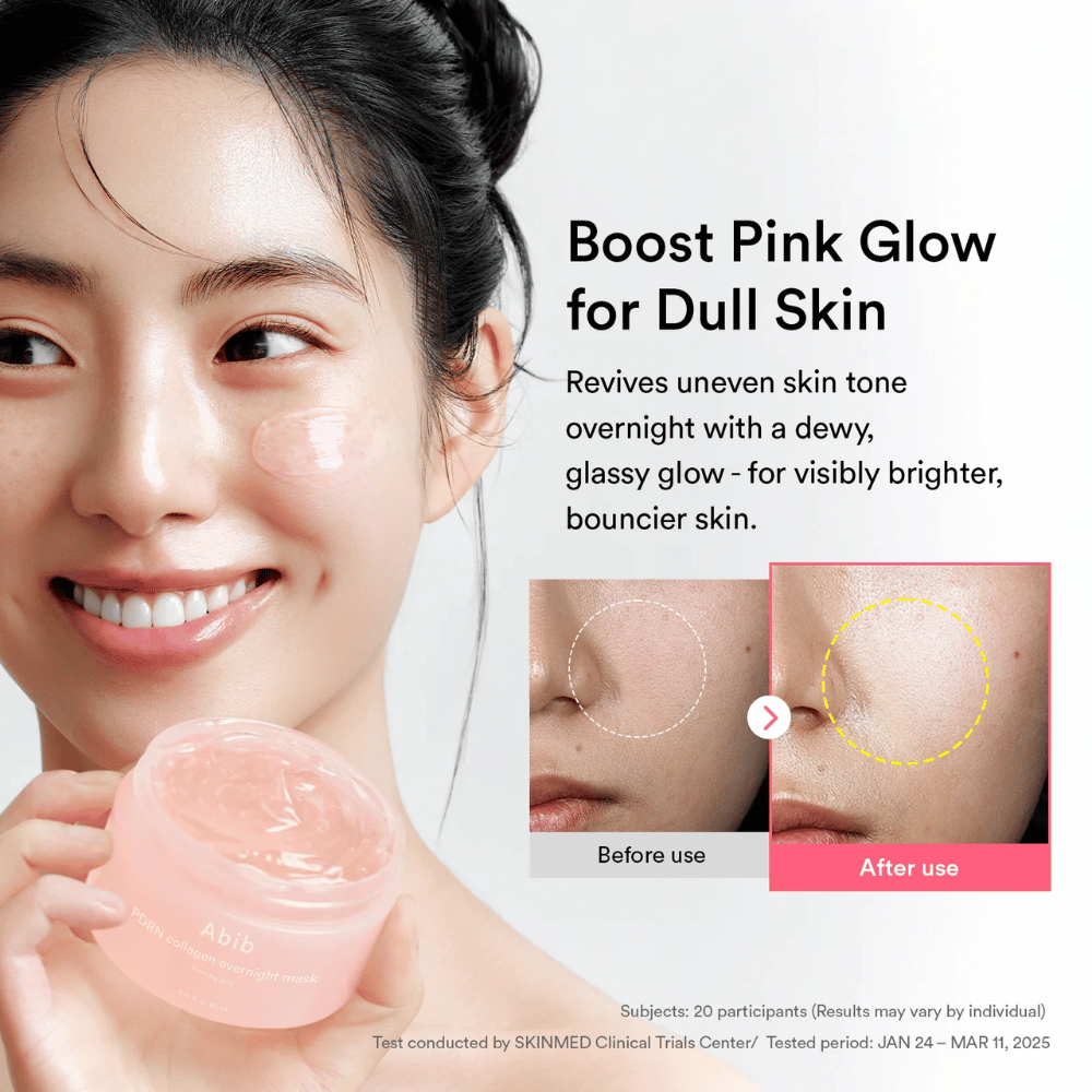 Modelka držiaca Abib PDRN Collagen Overnight Mask spolu s ilustráciou pred a po, ktorá ukazuje glow a zjednotenejší tón pleti po použití cez noc.