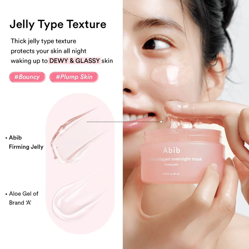 Detailný záber na gélovitú konzistenciu Abib PDRN Collagen Overnight Mask, ktorý ukazuje plnú a lesklú textúru vyvinutú pre hydratovanú a sviežu pleť.
