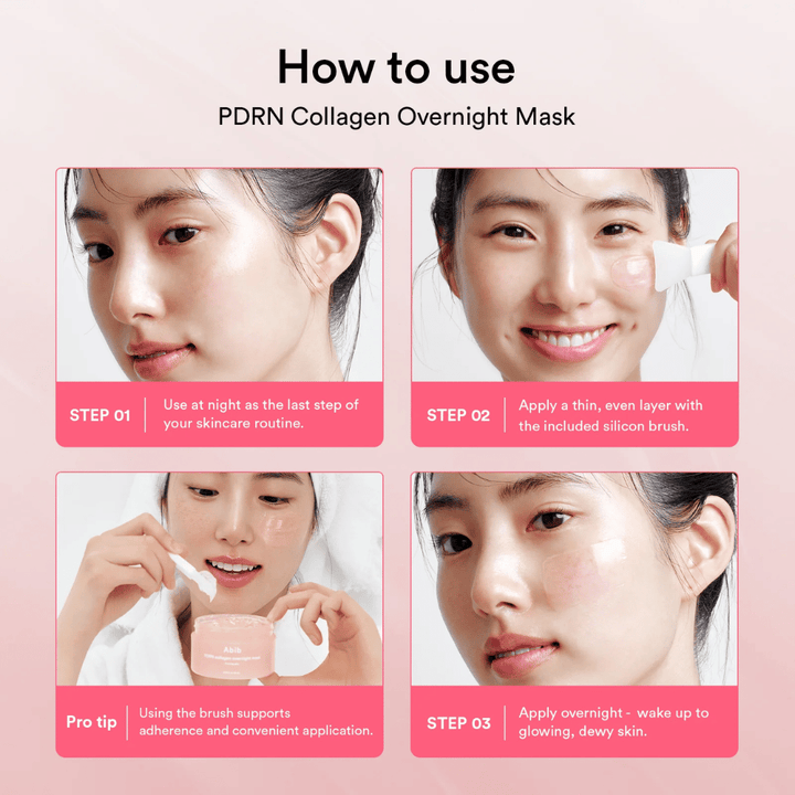 Sprievodca krok za krokom, ktorý ukazuje, ako sa Abib PDRN Collagen Overnight Mask používa ako posledný krok večernej rutiny s priloženou silikónovou špachtľou na rovnomernú aplikáciu počas noci.