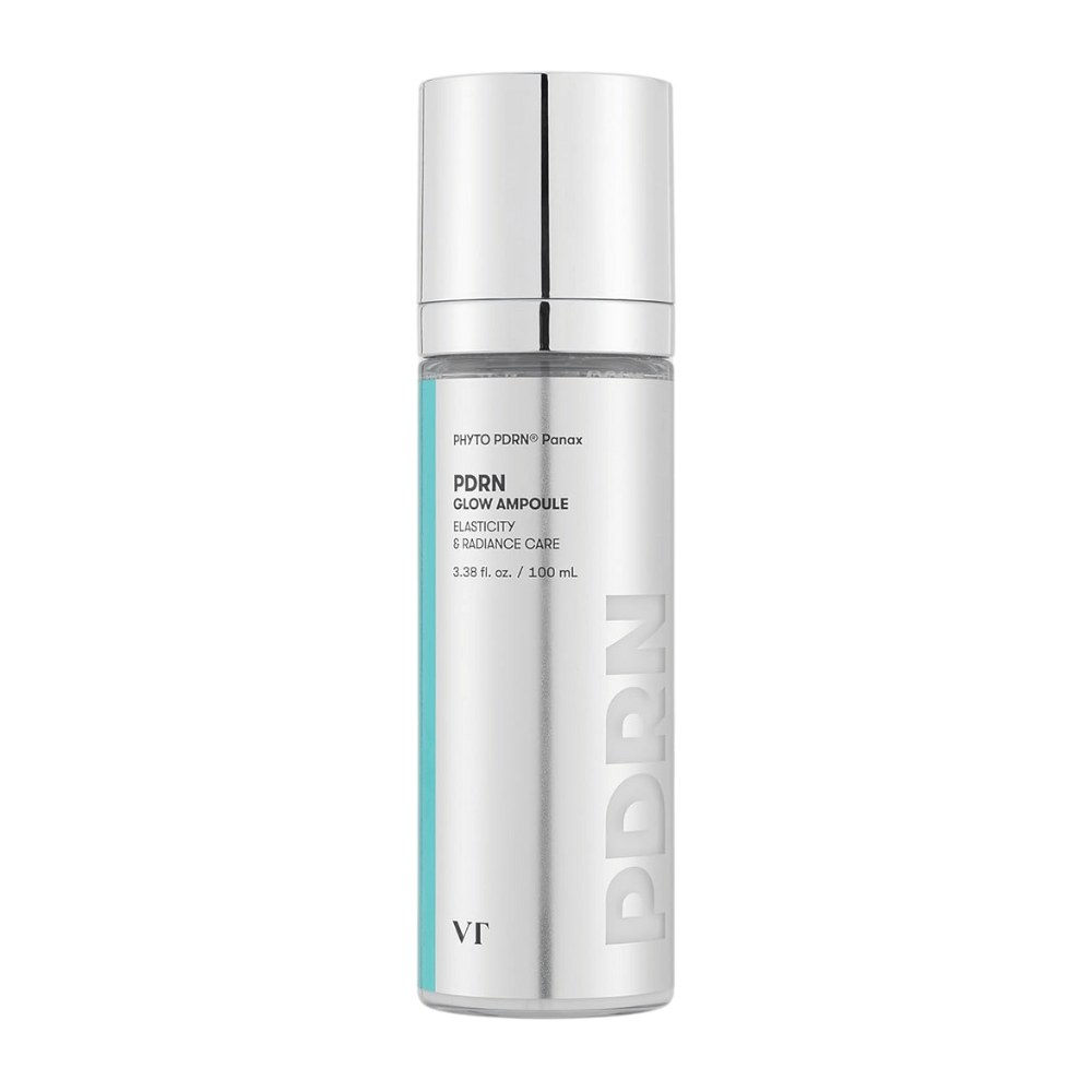 VT PDRN Glow Ampoule v striebornej fľaši s pumpičkou, označenie, ktoré indikuje obsah 100 ml. Produkt je navrhnutý pre elasticitu a žiarivú pleť, s textom "PHYTO PDRN® Panax" a "Elasticity & Radiance Care".