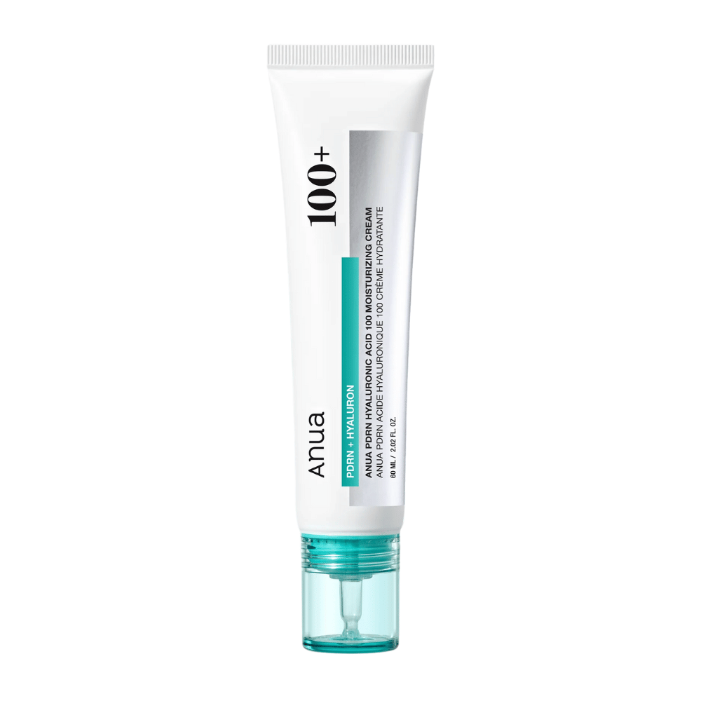 Obrázok produktu Anua PDRN Hyaluronic Acid 100 Moisturizing Cream v bielej tube s tyrkysovým detailom – kórejský pleťový krém pre hlbokú hydratáciu.