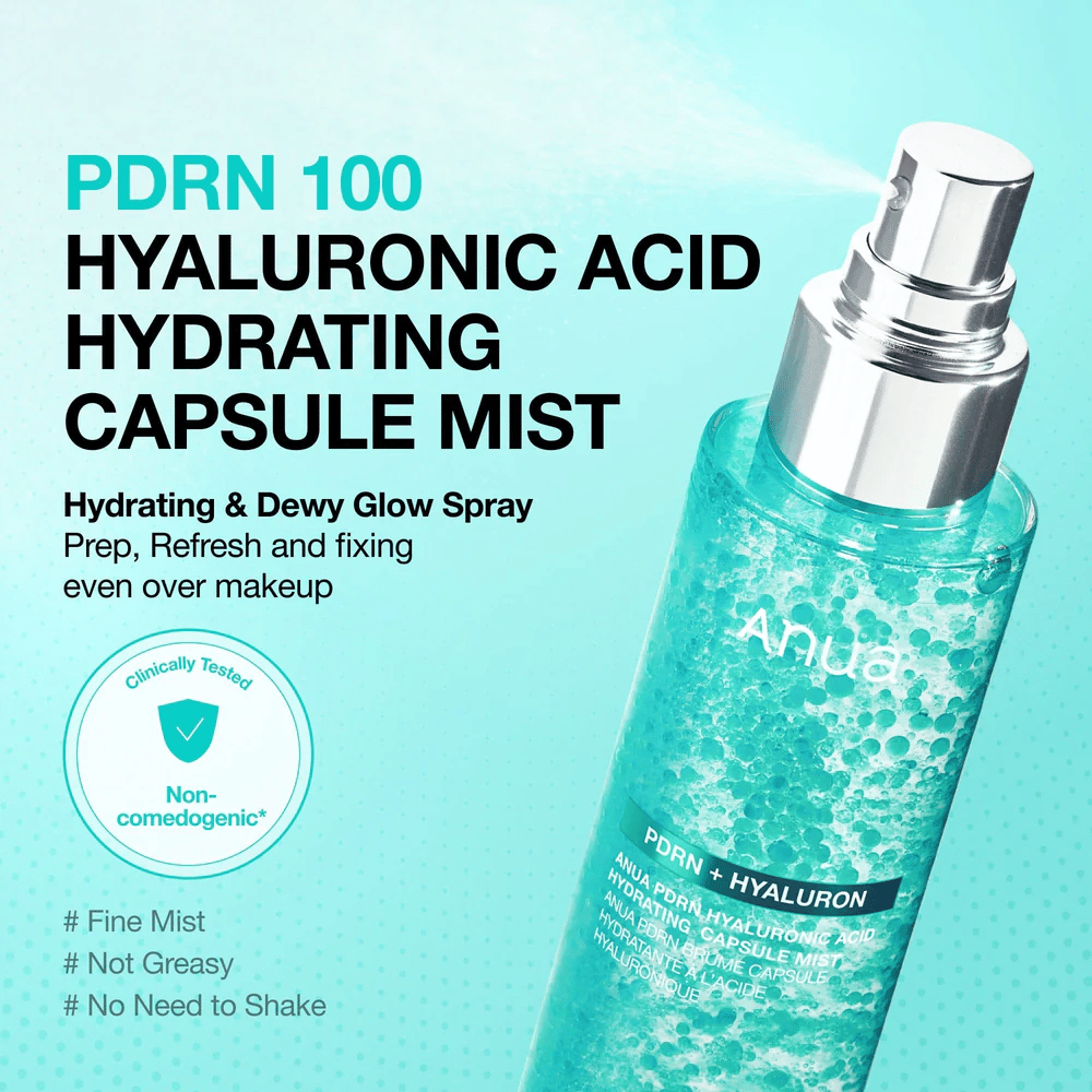 Produktový obrázok so zameraním na rozprašovaciu funkciu. Text opisuje produkt ako hydratačnú hmlu, ktorá dodáva glow, môže sa používať cez makeup a nepôsobí mastne.