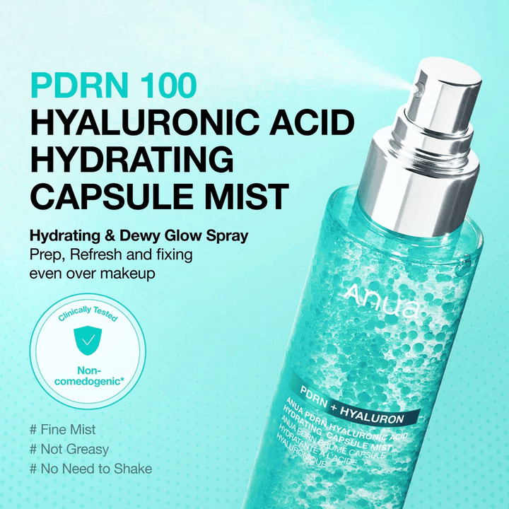Produktový obrázok so zameraním na rozprašovaciu funkciu. Text opisuje produkt ako hydratačnú hmlu, ktorá dodáva glow, môže sa používať cez makeup a nepôsobí mastne.