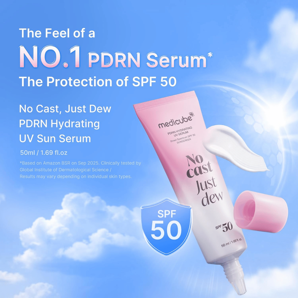 5. Medicube PDRN Hydrating UV Serum SPF 50+ 50 ml – ľahké hydratačné opaľovacie sérum s vysokou UV ochranou a rozjasňujúcim finišom