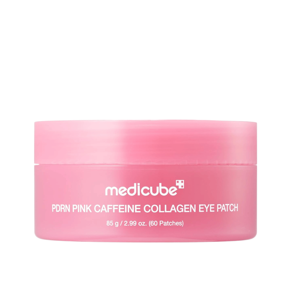5. Medicube PDRN Pink Caffeine Collagen Eye Patch 60 ks – ružová dóza s hydratačnými hydrogélovými očnými vankúšikmi na bielom pozadí