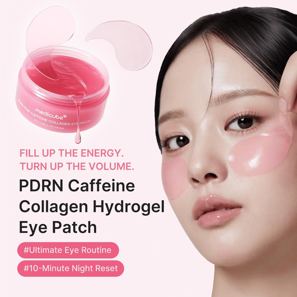 4. Medicube PDRN Pink Caffeine Collagen Eye Patch – hydratačné ružové hydrogélové očné masky, ktoré dodávajú pleti jas