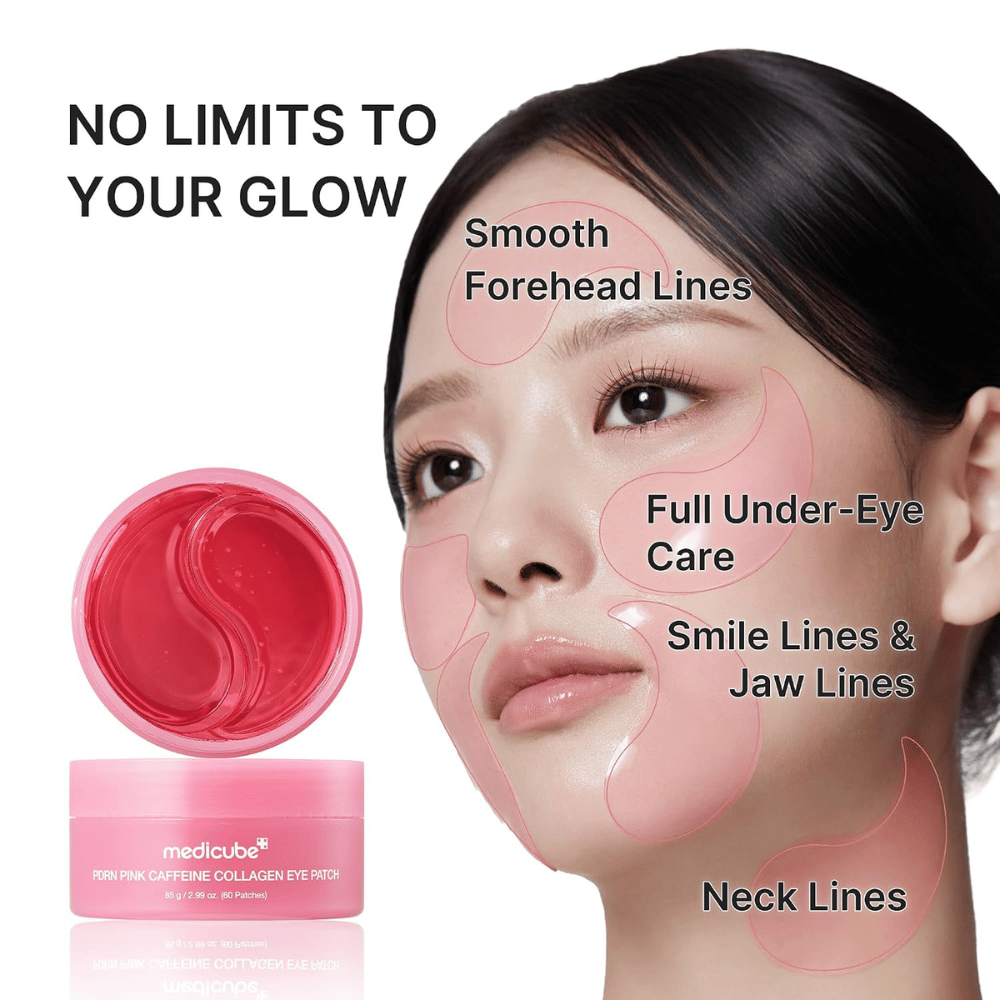 1. Medicube PDRN Pink Caffeine Collagen Eye Patch – hydrogélové masky na jemné linky okolo očí, na čele, pozdĺž čeľuste a na krku
