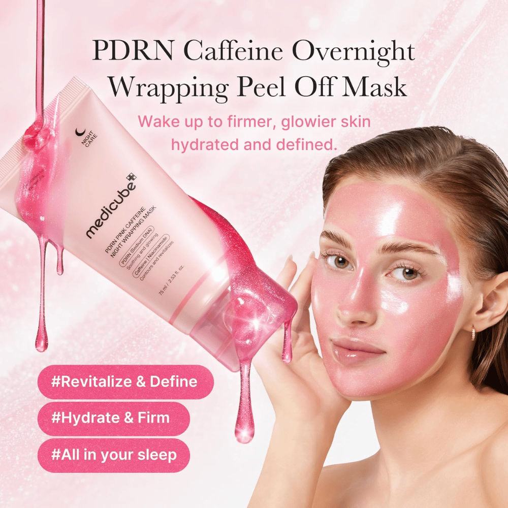 Medicube PDRN Pink Caffeine Night Wrapping Mask – ružová zlupovacia nočná maska s PDRN a kofeínom pre hydratáciu, jas a pevnejší pocit.