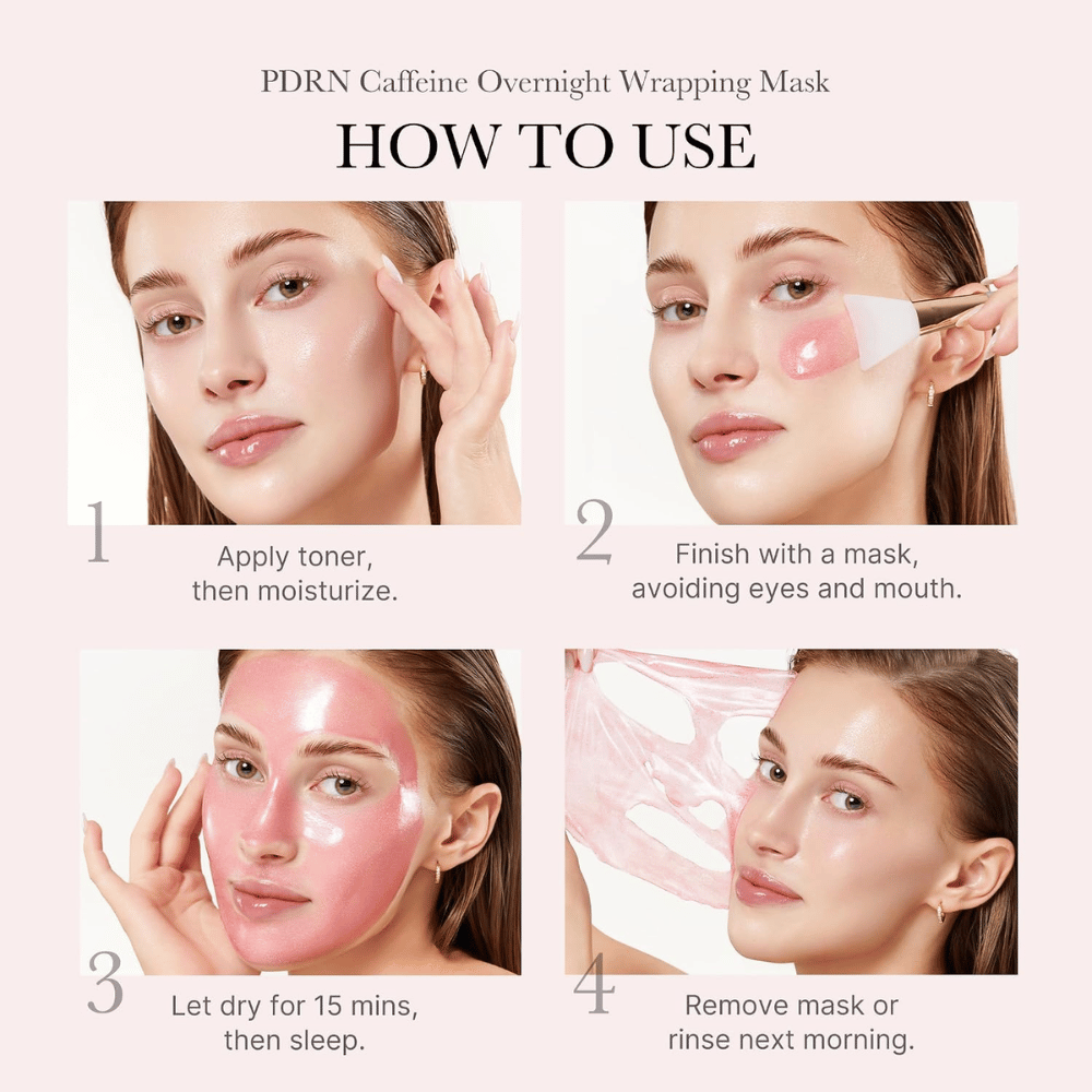 Ako používať Medicube PDRN Pink Caffeine Night Wrapping Mask – naneste večer, nechajte zaschnúť a ráno masku odstráňte.