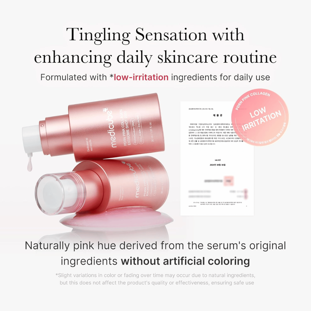 Medicube PDRN Pink Collagen Exosome Shot 2000 s informáciou o nízkom podráždení. Produkt má prirodzene ružovú farbu zo zložiek a je vyvinutý na každodenné používanie s jemným pocitom na pokožke.