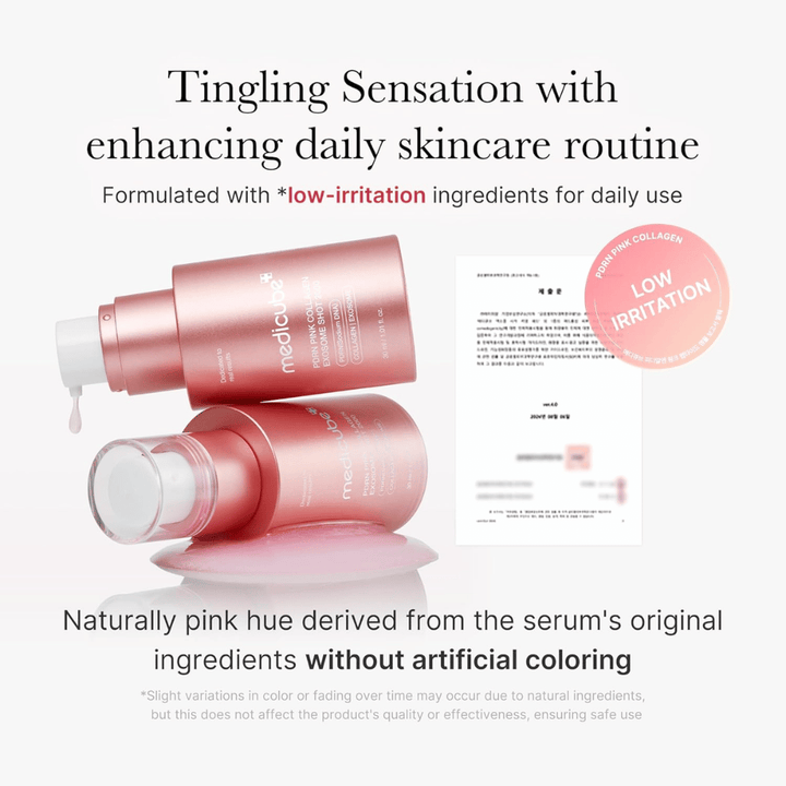 Medicube PDRN Pink Collagen Exosome Shot 2000 s informáciou o nízkom podráždení. Produkt má prirodzene ružovú farbu zo zložiek a je vyvinutý na každodenné používanie s jemným pocitom na pokožke.