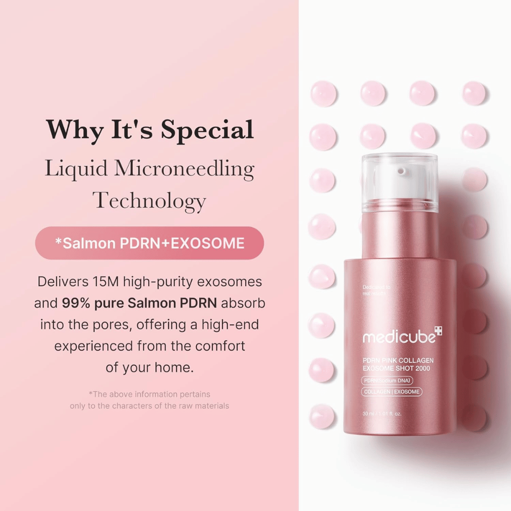 Medicube PDRN Pink Collagen Exosome Shot 2000 v ružovej fľaši. Obrázok zdôrazňuje technológiu tekutého mikroihličkovania s exozómami a PDRN z lososa na podporu žiarivosti, elasticity a absorpcie pokožky.