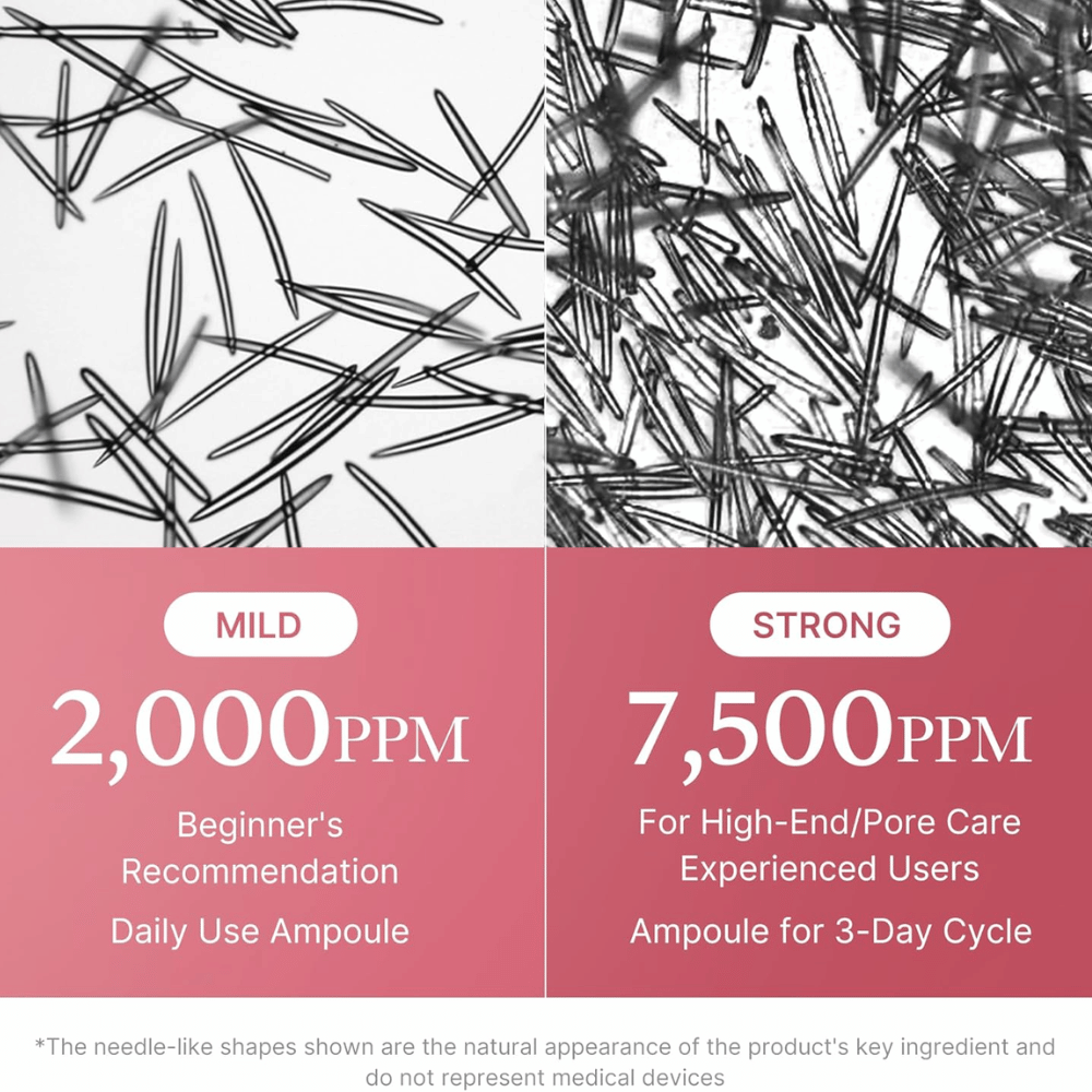 Porovnanie dvoch koncentrácií Medicube PDRN Pink Collagen Exosome Shot. Obrázok zobrazuje 2 000 ppm na každodenné používanie a pre začiatočníkov a 7 500 ppm pre skúsených používateľov so zameraním na starostlivosť o póry a intenzívnu starostlivosť o pleť.