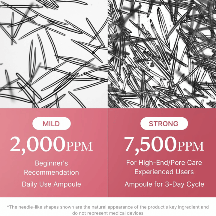 Porovnanie dvoch koncentrácií Medicube PDRN Pink Collagen Exosome Shot. Obrázok zobrazuje 2 000 ppm na každodenné používanie a pre začiatočníkov a 7 500 ppm pre skúsených používateľov so zameraním na starostlivosť o póry a intenzívnu starostlivosť o pleť.