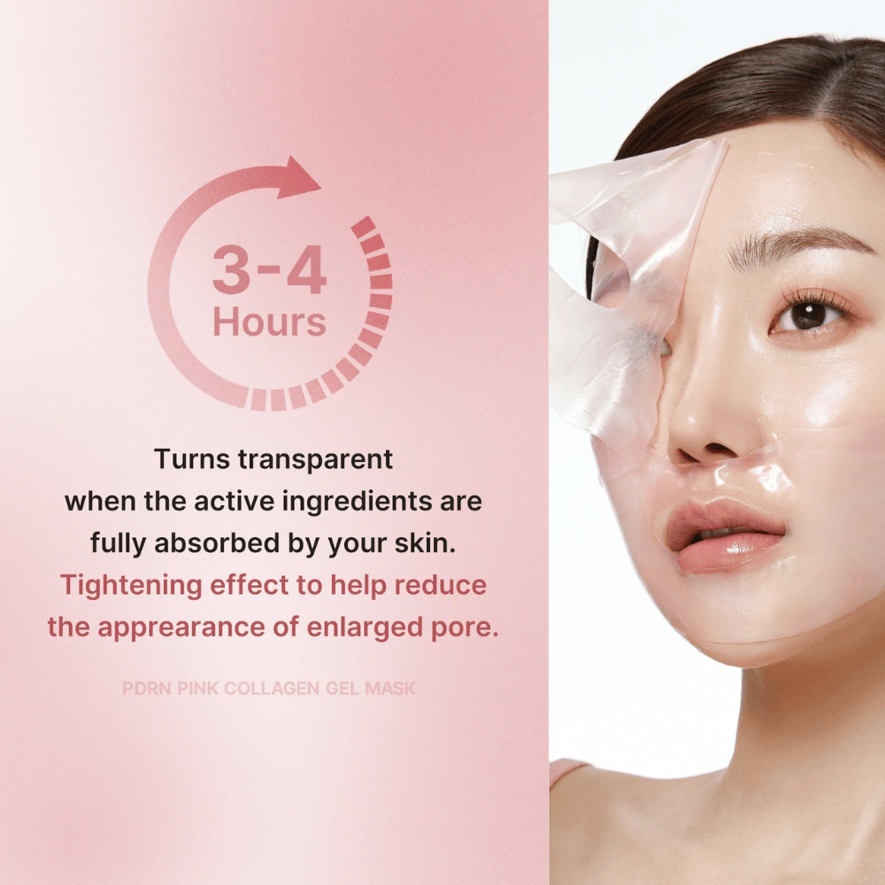 Medicube PDRN Pink Collagen Gel Mask s pokynmi na nosenie masky 3-4 hodiny, kým sa nestane priehľadnou. Maska absorbuje aktívne zložky a spevňuje pokožku na zníženie viditeľných pórov.