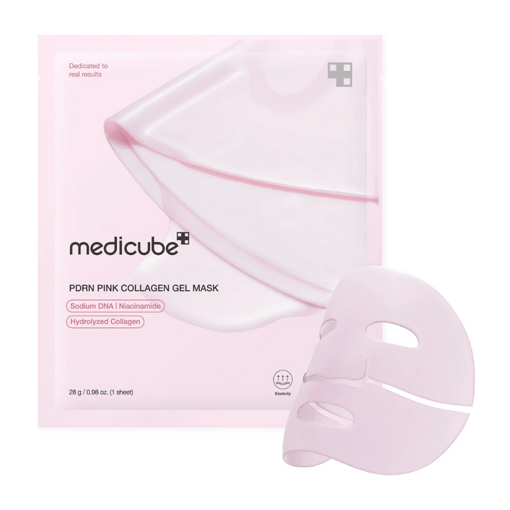 Svetloružové balenie Medicube PDRN Pink Collagen Gel Mask s priehľadnou gélovou maskou vedľa. Obsahuje zložky ako Sodium DNA, Niacinamide a Hydrolyzed Collagen pre elasticitu a hydratáciu.