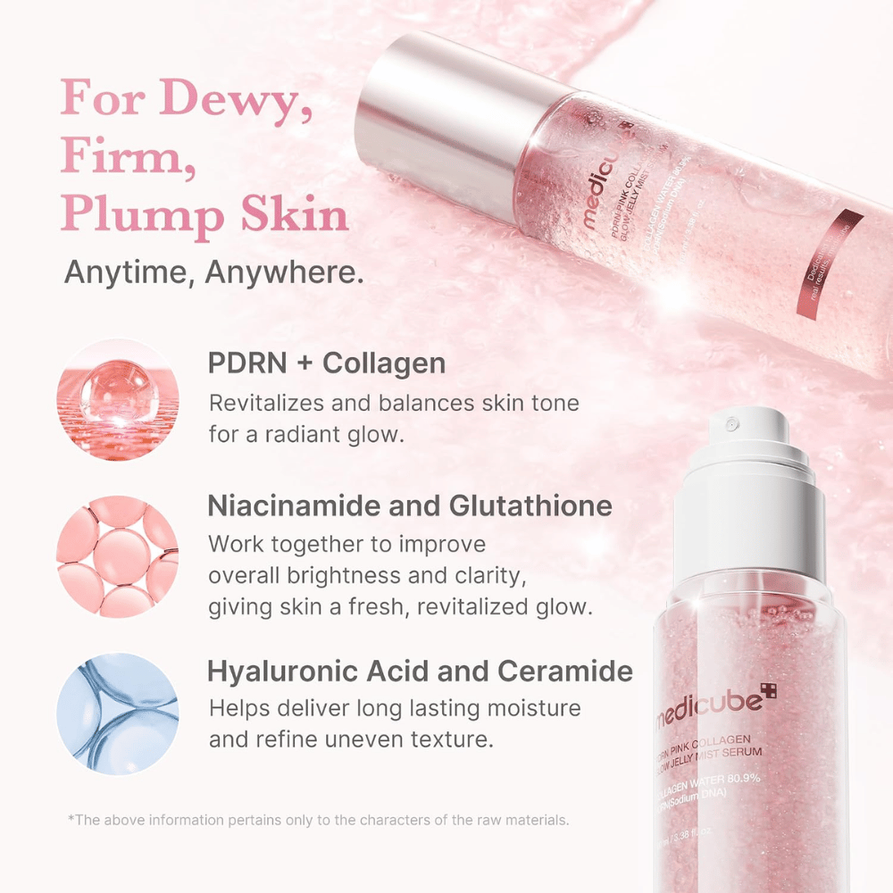 4. Medicube PDRN Pink Collagen Glow Jelly Mist Serum – hydratačná hmla s PDRN, kolagénom, niacínamidom a kyselinou hyalurónovou