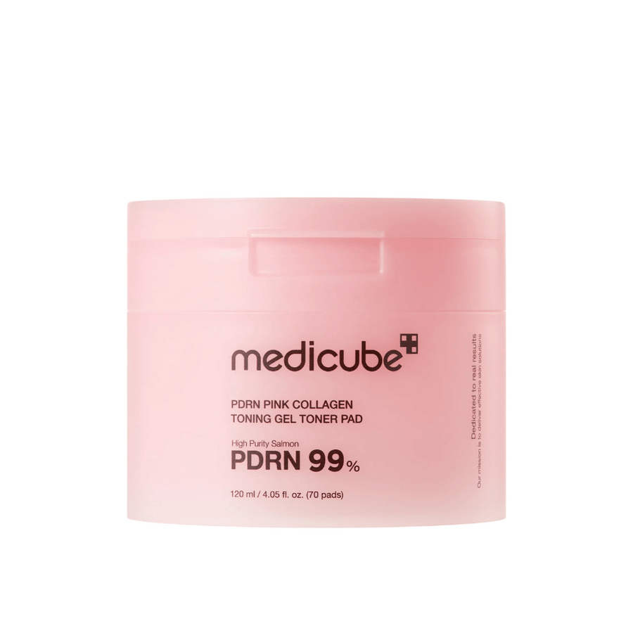 Medicube PDRN Pink Collagen Toning Gel Toner Pad v ružovej nádobe s textom zobrazujúcim 99 % PDRN obsah a 120 ml, navrhnutá na zlepšenie pevnosti a žiarivosti pokožky.