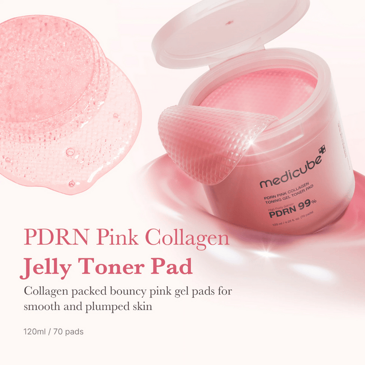 Otvorená nádoba s Medicube PDRN Pink Collagen Jelly Toner Pads, s vyvýšenou ružovou gélovou podložkou a textom popisujúcim obsah kolagénu pre hladkú a hydratovanú pokožku.