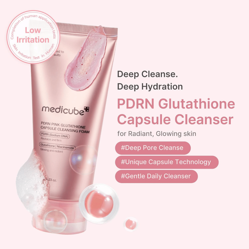 Medicube PDRN Pink Glutathione Capsule Cleansing Foam s nízkym podráždením na každodenné čistenie a jasnejšiu pleť s prirodzeným glow efektom