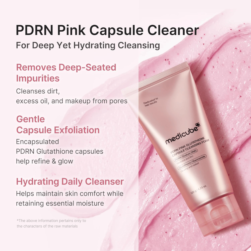 Medicube PDRN Pink Glutathione Capsule Cleansing Foam ktorý odstraňuje nečistoty, maz a make-up a zároveň hydratuje pleť