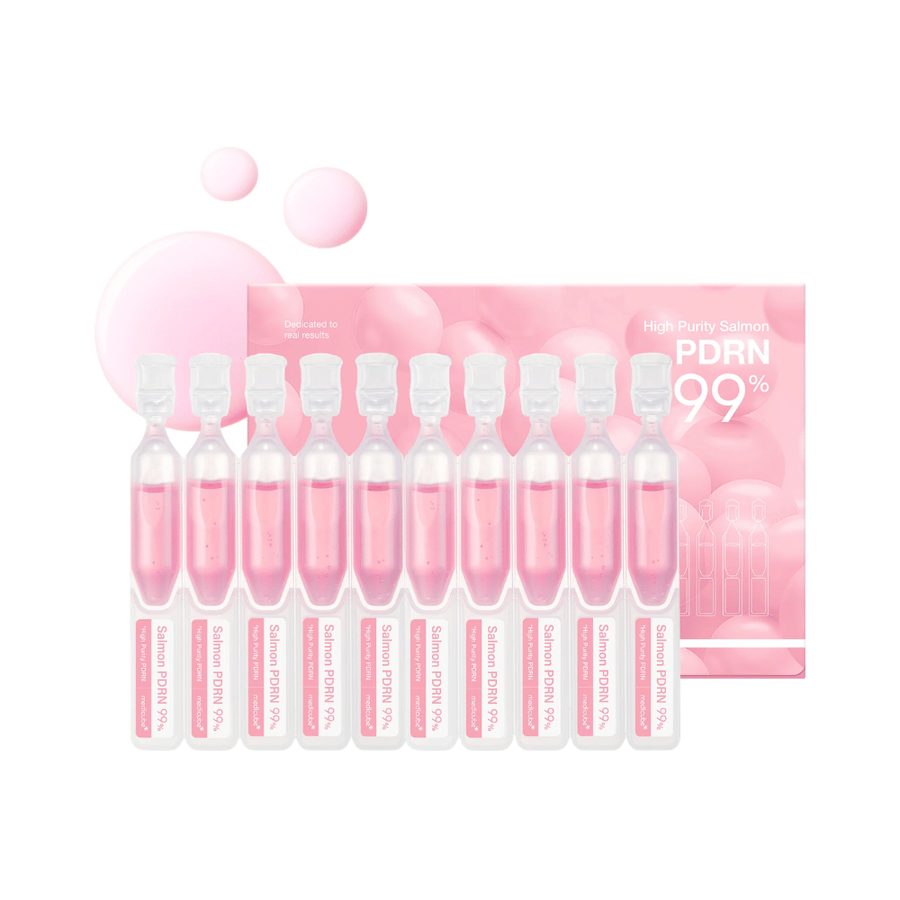 Medicube PDRN Pink One Day Serum Set s desiatimi individuálnymi ampulkami a produktovým balením. Súprava obsahuje sérum s 99 % vysokočisteným lososím PDRN na hydratáciu, jas a každodennú starostlivosť o pleť.