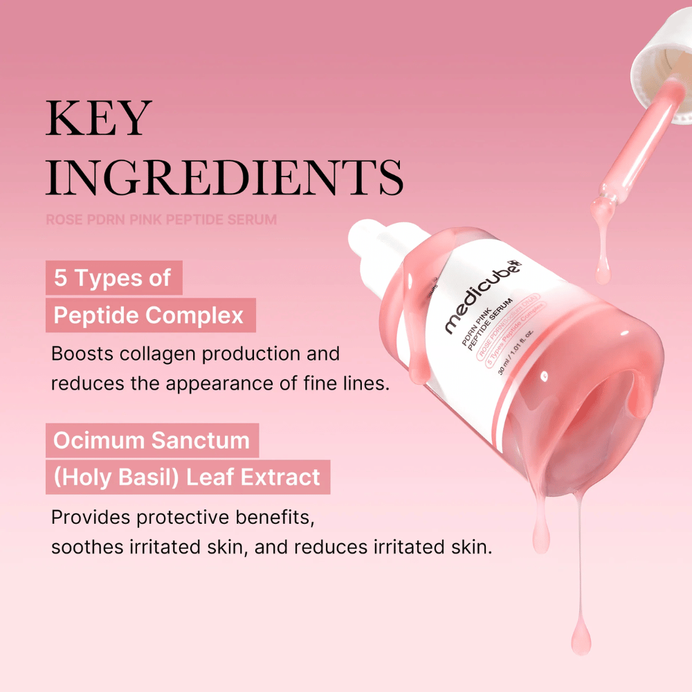 Medicube Rose PDRN Pink Peptide Serum – Výživné sérum pre pevnejšiu a pokojnejšiu pokožku.

💖 5 typov peptidových komplexov – Stimuluje produkciu kolagénu a znižuje jemné vrásky.
🌿 Ocimum Sanctum (Bazalka posvätná) extrakt – Chráni, upokojuje a znižuje podráždenie.

Perfektné pre hladšiu, hydratovanú a žiarivú pokožku!