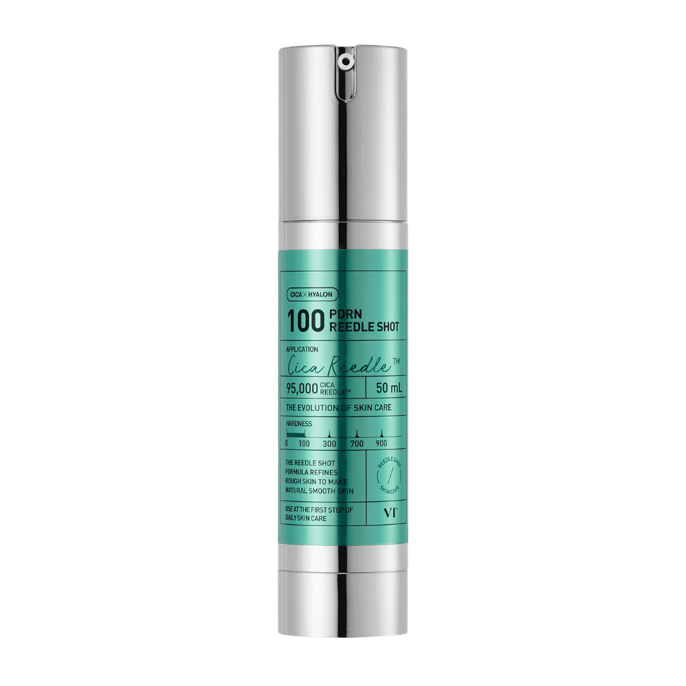 VT Cosmetics PDRN Reedle Shot 100 fľaša s minimalistickým dizajnom a aktívnym zložením na zlepšenie textúry, jasu a elasticity pokožky
