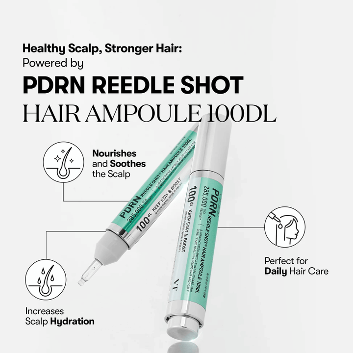 Prezentácia produktu PDRN Reedle Shot Hair Ampoule 100dL so zameraním na výhody ako upokojujúci účinok, zvýšenú hydratáciu pokožky hlavy a každodennú starostlivosť o vlasy.